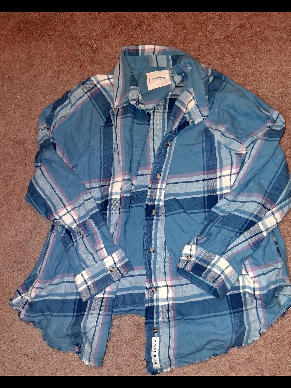 Women's Distressed Hem Lucky Brand Blue Plaid Button-Down Shirt